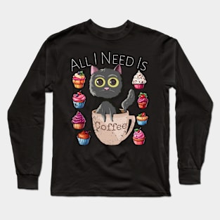 All I Need Is Coffee Funny Retro Black Cat & Cupcakes Lovers Long Sleeve T-Shirt